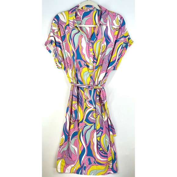 ESQUALO Dresses & Skirts - Equal Shirt Dress Pink Blue Yellow Abstract Print Tie Waist Maximalist Sz L